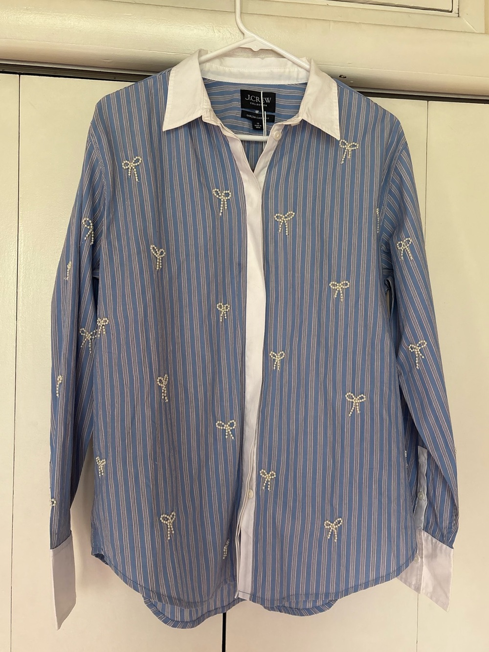 J. Crew Blue and White Striped Button-Down Shirt with Embroidered Pearl Bows